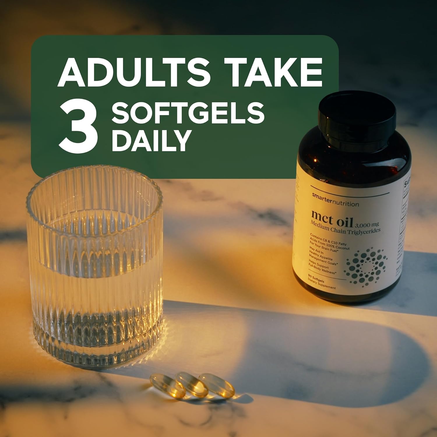 360 Count Smarter Nutrition MCT Oil Capsules - C8 and C10 - Ketogenic Brain & Body Fuel - Cold-Pressed Coconut, Palm - Gluten-Free, Non-GMO - 180-Day Supply