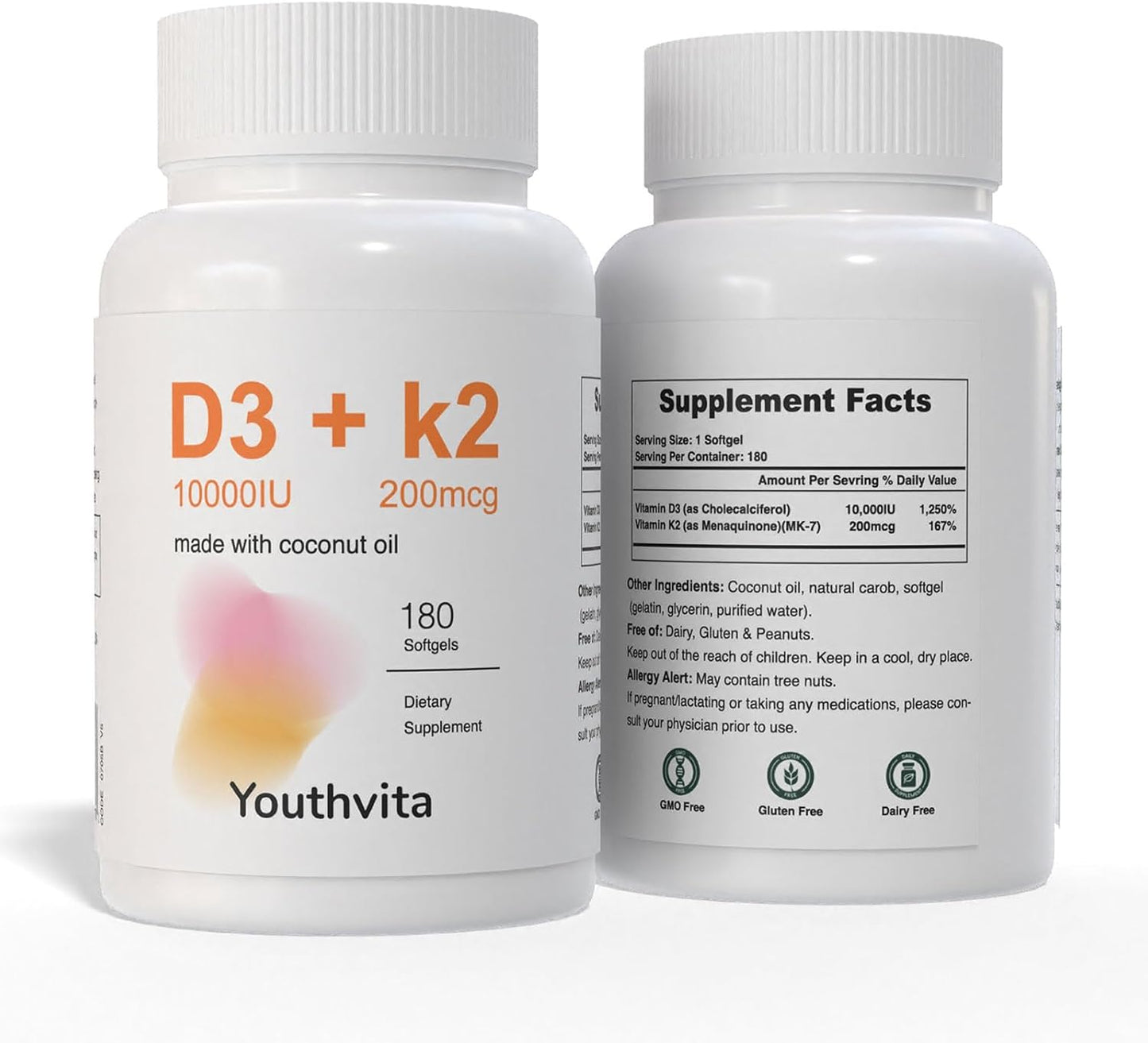 360 Count YOUTHVITA Vitamin D3 K2 Softgels with Coconut Oil - D3 10000 IU & K2 (MK-7) 200 mcg for Bone, Immune, & Heart Health