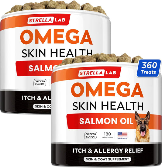 360 Ct StrellaLab Omega 3 Fish Oil Treats for Dogs - Skin & Coat Supplement - Allergy Relief - Anti-Shedding - Salmon Oil Chews