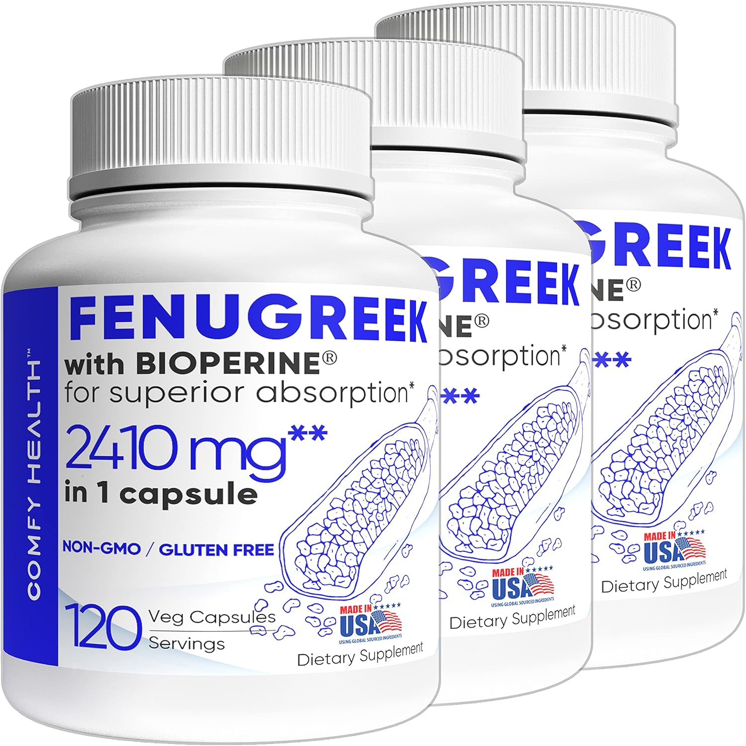 360 Servings of COMFY HEALTH Fenugreek Capsules with BioPerine® for Superior Absorption, Non-GMO, Gluten Free Fenugreek Seeds Extract Supplements