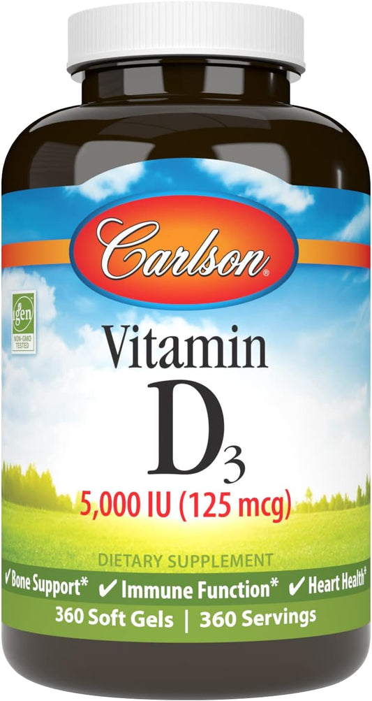 360 Soft Gel Carlson Vitamin D3 5,000 IU Supplement for Bone Health