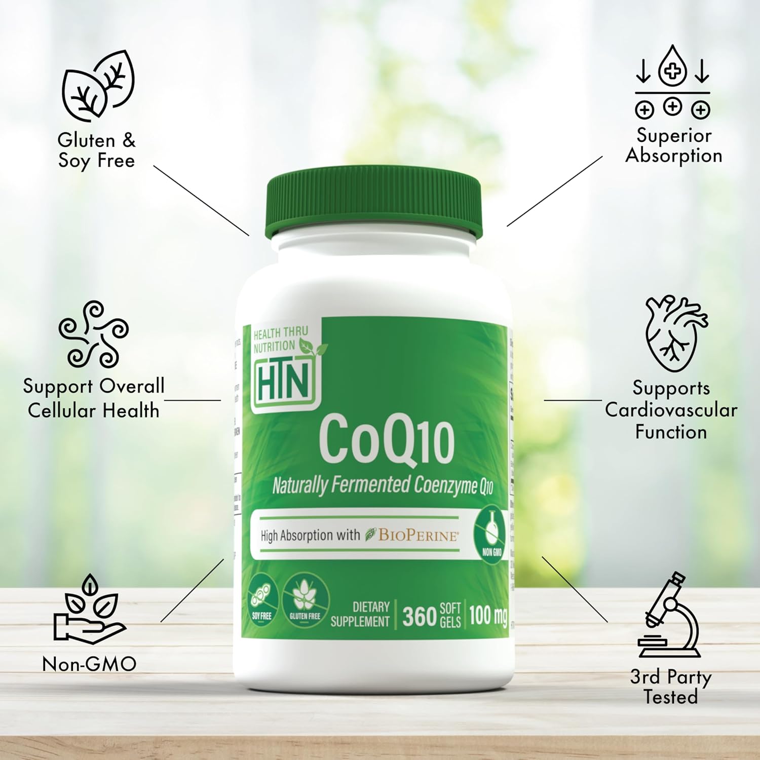 360 Softgels of Health Thru Nutrition CoQ-10 100mg with BioPerine | High Absorption USP Grade Coenzyme Q10 | Heart & Energy Support | Non-GMO | 3rd Party Tested