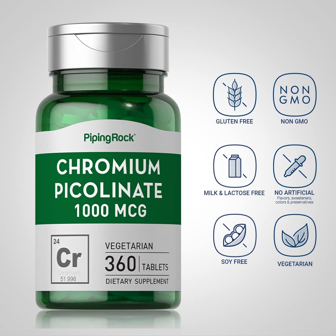 360 Tablets of Piping Rock Chromium Picolinate 1000mcg Supplement - Vegetarian, Non-GMO, Gluten Free
