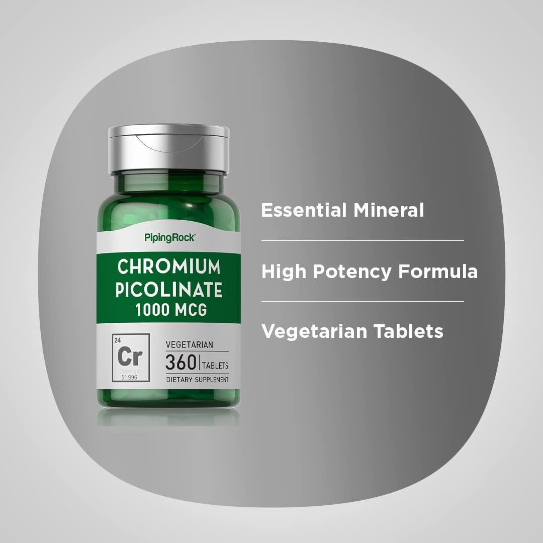 360 Tablets of Piping Rock Chromium Picolinate 1000mcg Supplement - Vegetarian, Non-GMO, Gluten Free