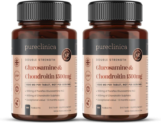 360 Tablets of Pureclinica 1500mg Glucosamine HLC and Chondroitin - 12 Months Supply with High Potency Chondroitin and Glucosamine HCL