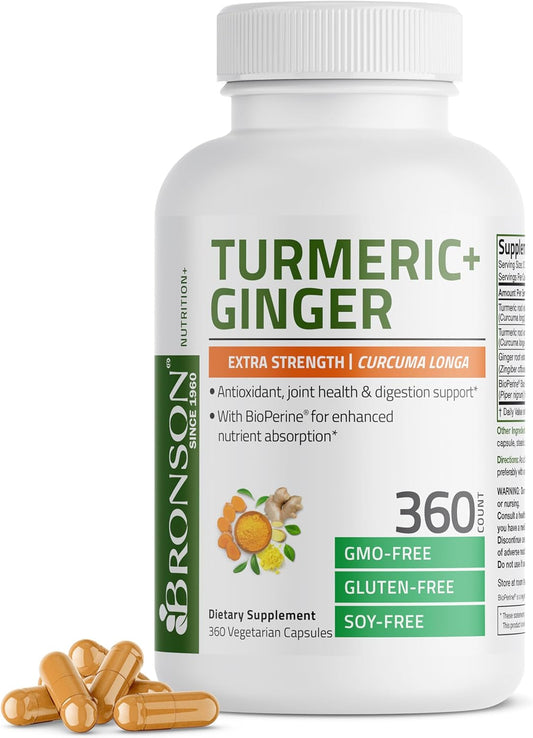 360 Vegetarian Capsules of Extra Strength Bronson Turmeric + Ginger for Joint Health & Digestion Support with BioPerine - BoostGo Australia