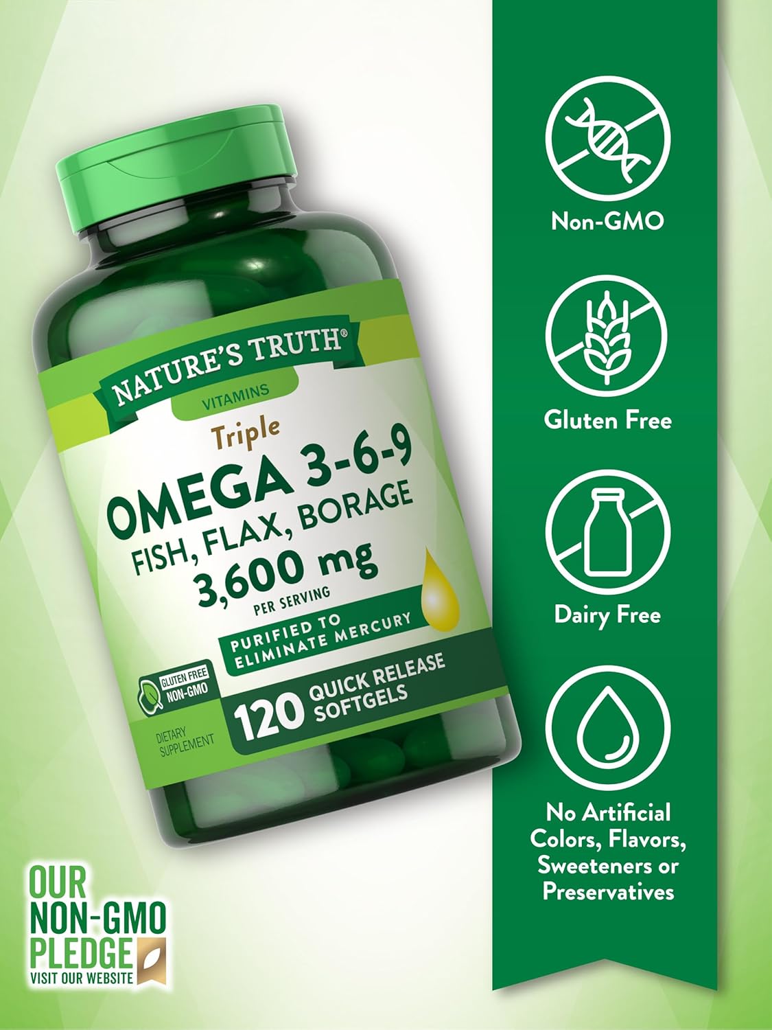 3600mg Omega 3-6-9 Softgels with Fish, Flax, & Borage Oil - 120 Count | Triple Strength Non-GMO & Gluten Free Supplement