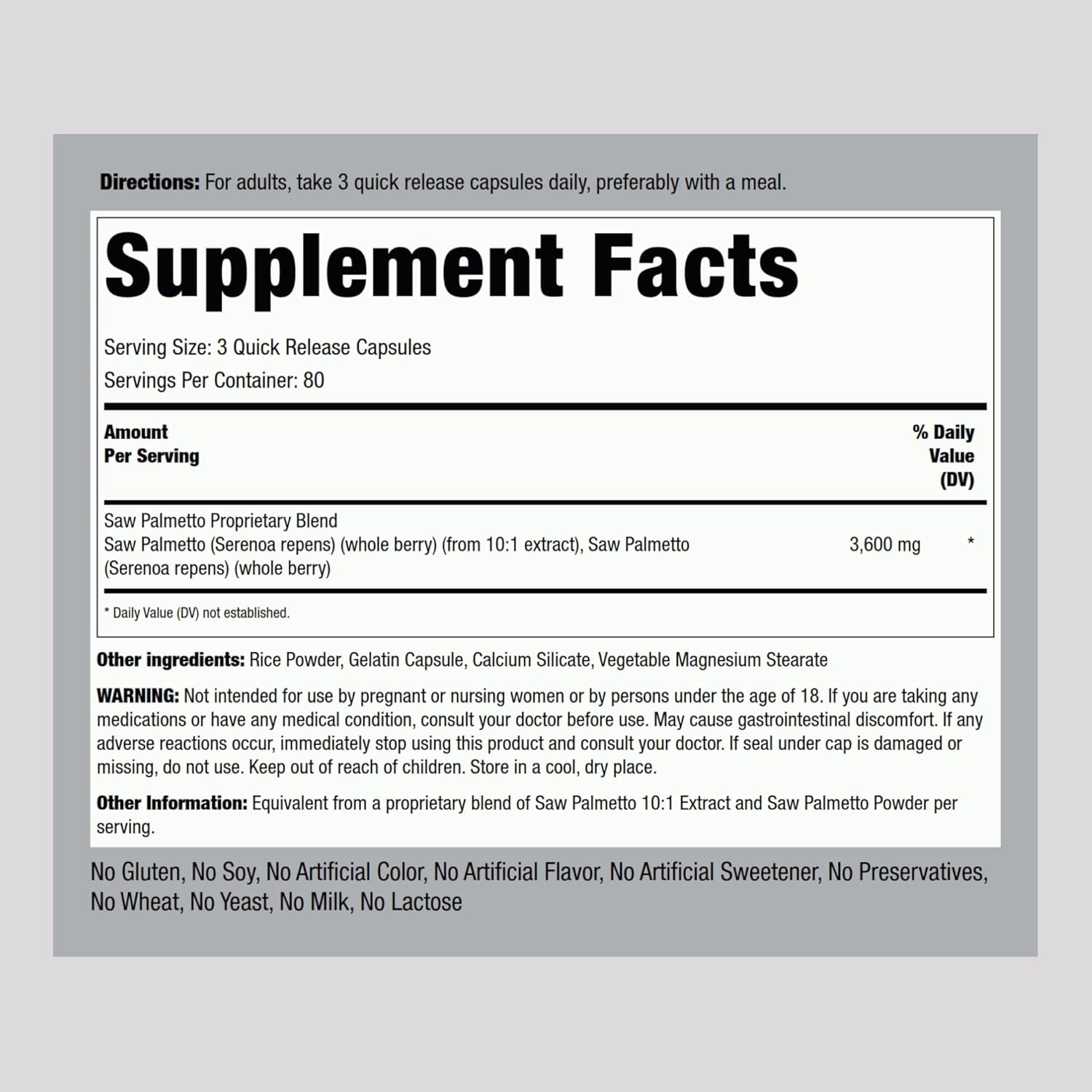 3600mg Saw Palmetto Extract Capsules for Men and Women - 240 Count - Non-GMO & Gluten Free