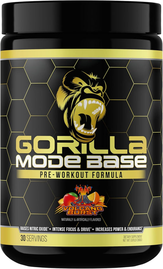 360g Gorilla Mind Base Pre Workout Supplement - Enhances Nitric Oxide, Focus, Endurance, Power - L-Citrulline, L-Tyrosine, Betaine, Alpha-GPC, Caffeine, Huperzine A - Volcano Burst Flavor