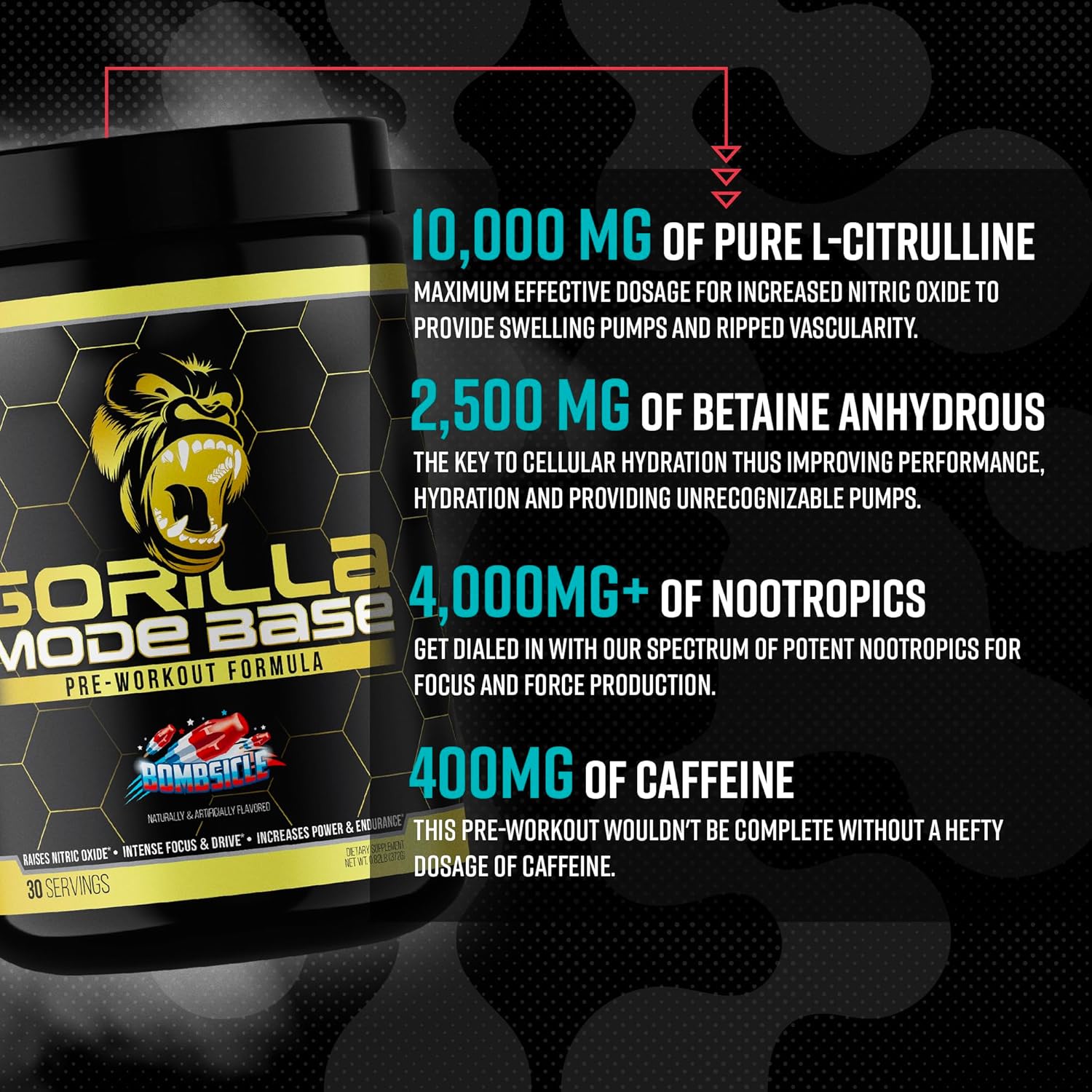 360g Gorilla Mind Base Pre Workout Supplement - Enhances Nitric Oxide, Focus, Endurance, Power - L-Citrulline, L-Tyrosine, Betaine, Alpha-GPC, Caffeine, Huperzine A - Volcano Burst Flavor