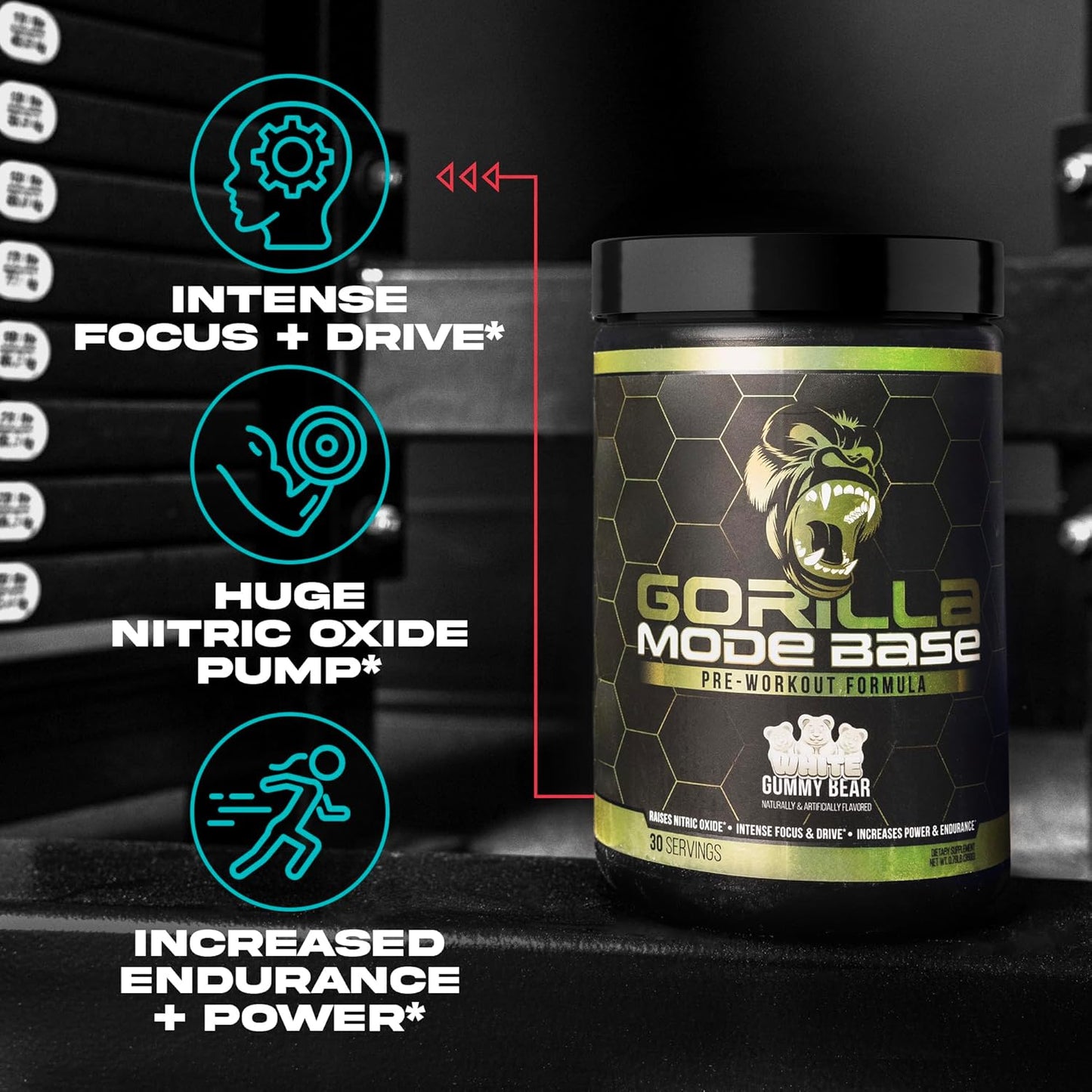 360g Gorilla Mind Base Pre Workout Supplement - Enhances Nitric Oxide, Focus, Endurance, Power - L-Citrulline, L-Tyrosine, Betaine, Alpha-GPC, Caffeine, Huperzine A - Volcano Burst Flavor
