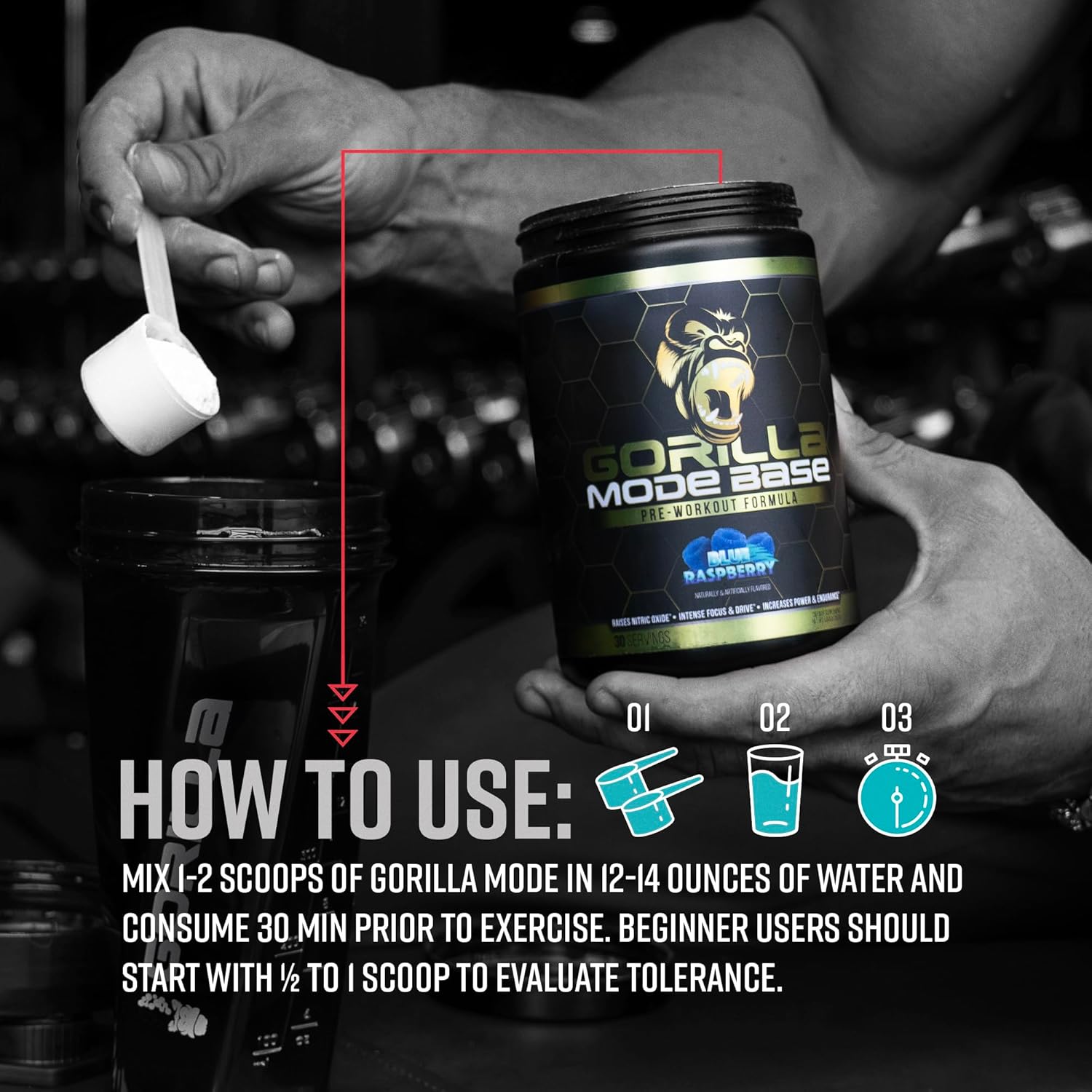 360g Gorilla Mind Base Pre Workout Supplement - Enhances Nitric Oxide, Focus, Endurance, Power - L-Citrulline, L-Tyrosine, Betaine, Alpha-GPC, Caffeine, Huperzine A - Volcano Burst Flavor
