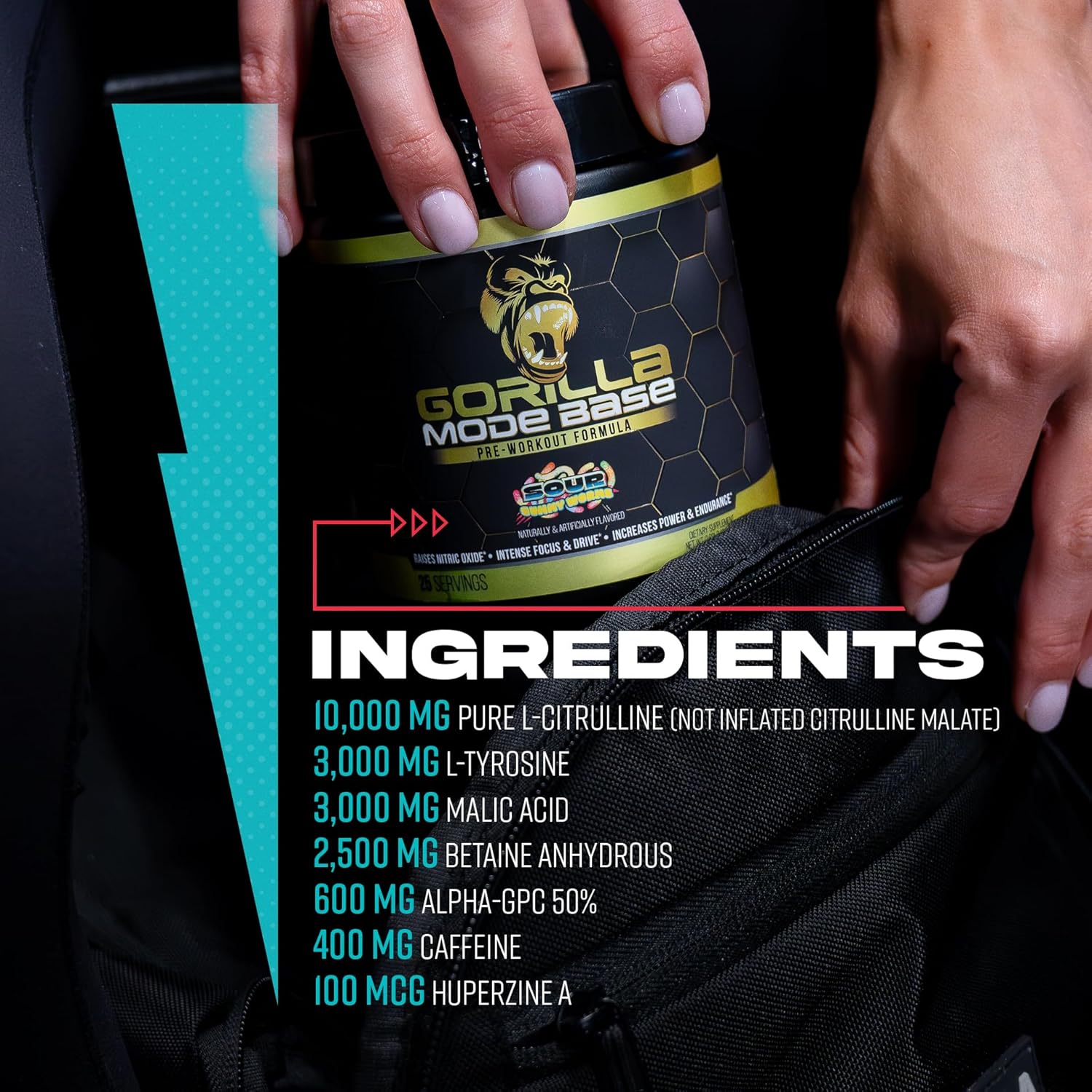 360g Gorilla Mind Base Pre Workout Supplement - Enhances Nitric Oxide, Focus, Endurance, Power - L-Citrulline, L-Tyrosine, Betaine, Alpha-GPC, Caffeine, Huperzine A - Volcano Burst Flavor