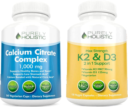 365 + 150 Capsules Bundle: Purely Holistic Calcium Citrate Complex 1000mg with Vitamin D3, K2 MK7 - Vegan & Vegetarian - USA Made