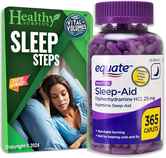 365 Caplets of Equate Sleep-Aid with Diphenhydramine HCI 25 mg and Sleep Steps Tips Card for Healthy Surplus Sleep