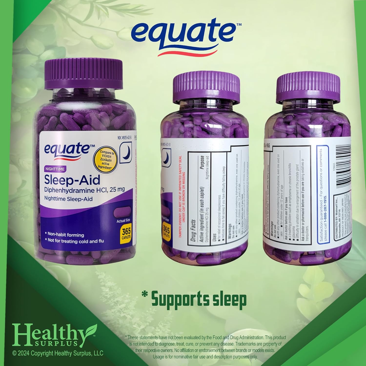 365 Caplets of Equate Sleep-Aid with Diphenhydramine HCI 25 mg and Sleep Steps Tips Card for Healthy Surplus Sleep