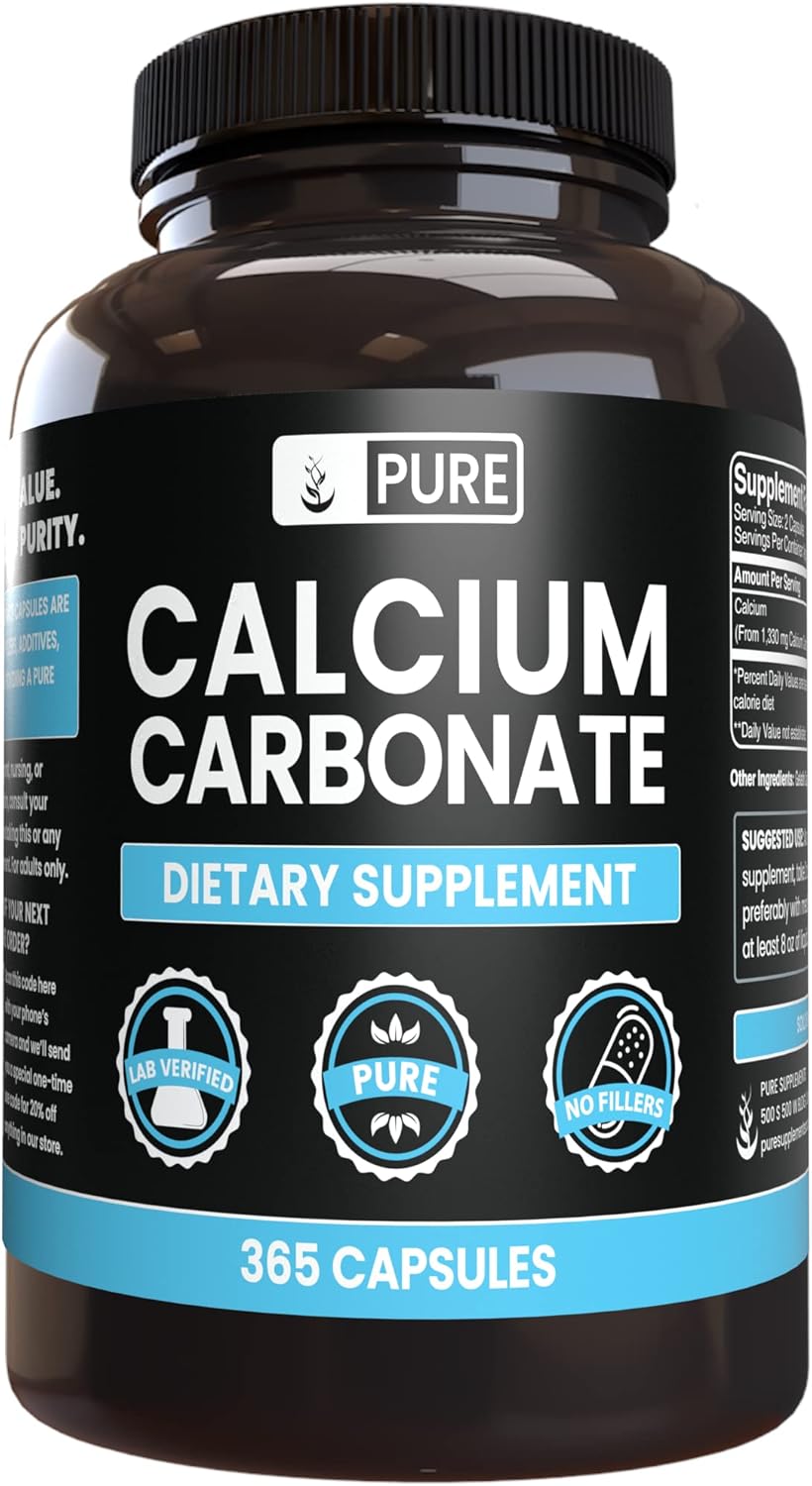 365 Capsules Each of Pure Calcium Carbonate and Magnesium Oxide Bundle - No Fillers, Always Pure Ingredients
