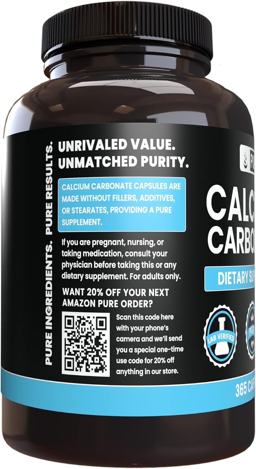 365 Capsules Each of Pure Calcium Carbonate and Magnesium Oxide Bundle - No Fillers, Always Pure Ingredients