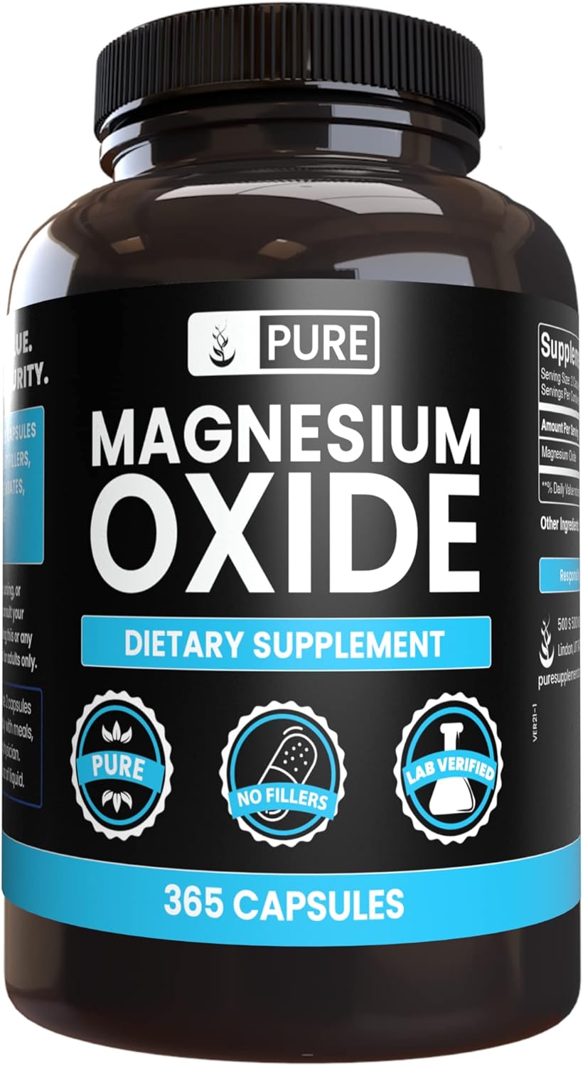 365 Capsules Each of Pure Calcium Carbonate and Magnesium Oxide Bundle - No Fillers, Always Pure Ingredients