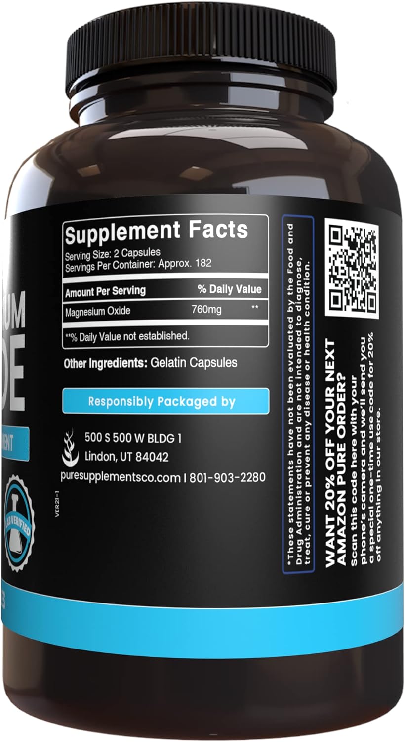 365 Capsules Each of Pure Calcium Carbonate and Magnesium Oxide Bundle - No Fillers, Always Pure Ingredients