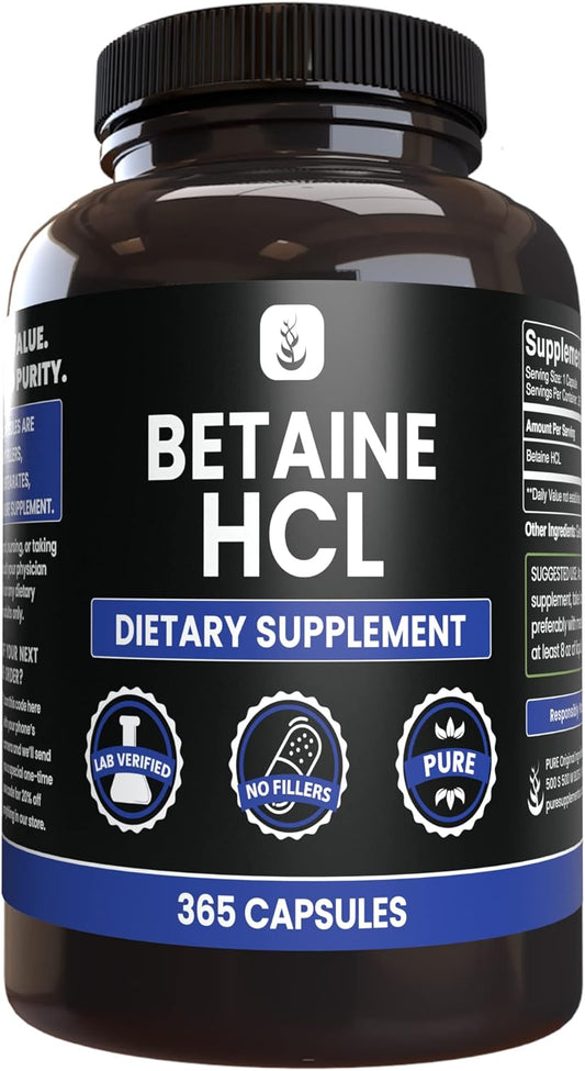 365 Capsules of Betaine HCL with Pure Ingredients, No Magnesium or Rice Fillers, Lab Verified