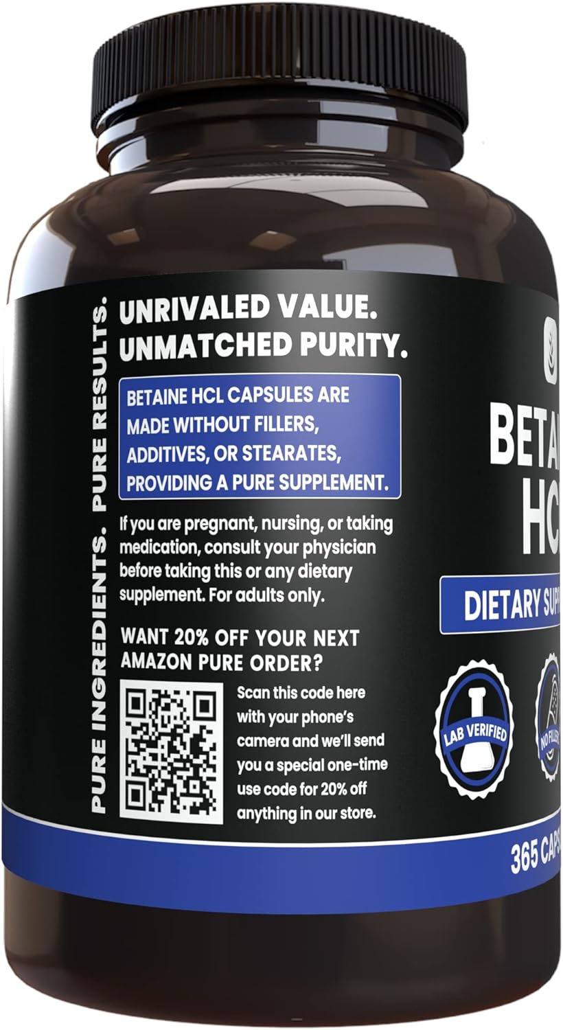 365 Capsules of Betaine HCL with Pure Ingredients, No Magnesium or Rice Fillers, Lab Verified