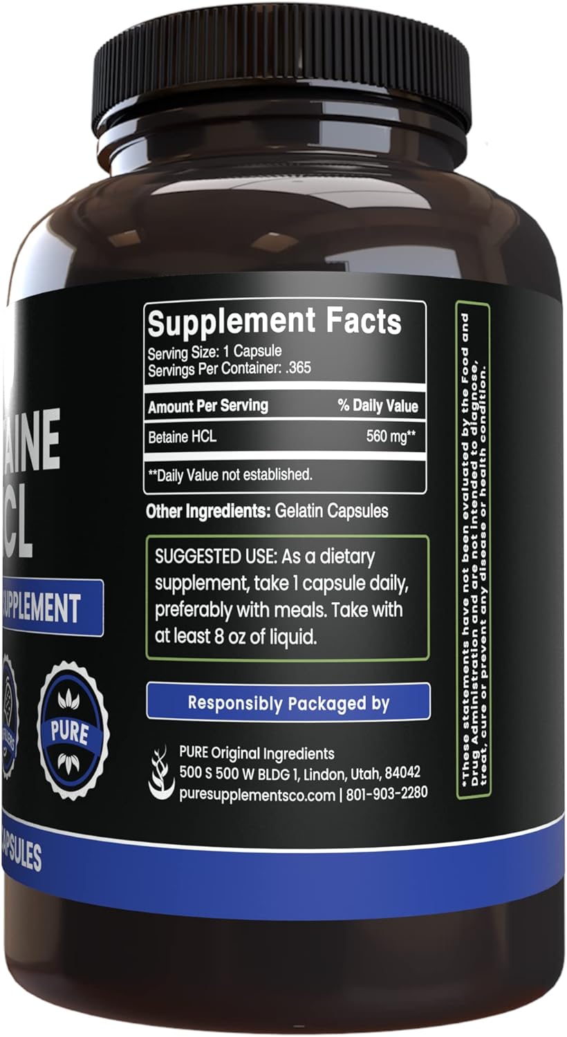 365 Capsules of Betaine HCL with Pure Ingredients, No Magnesium or Rice Fillers, Lab Verified