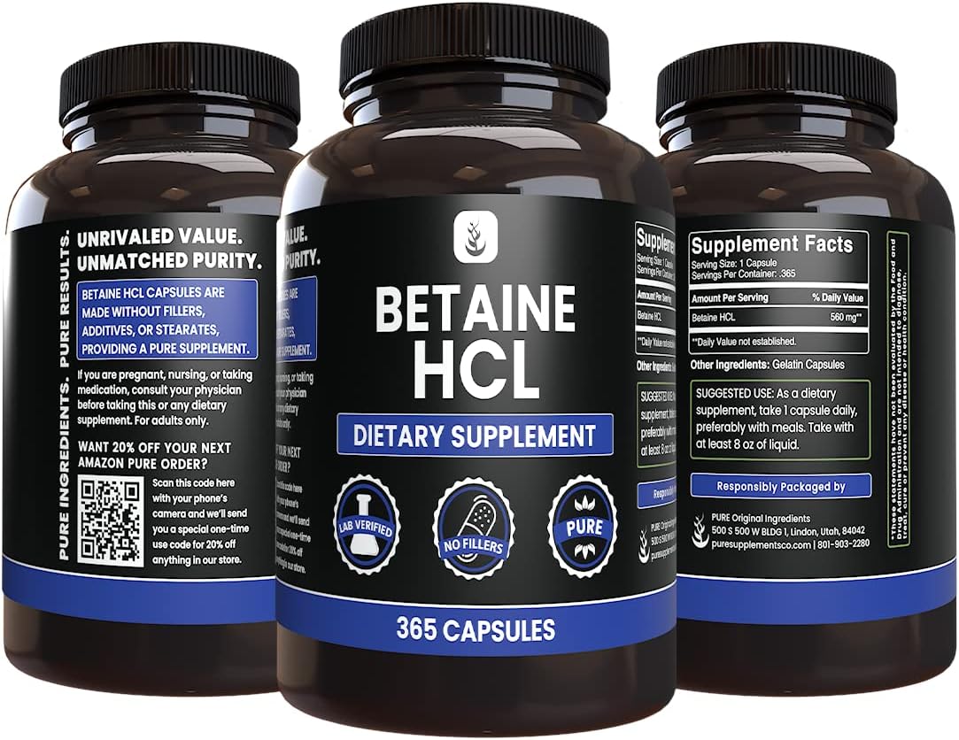 365 Capsules of Betaine HCL with Pure Ingredients, No Magnesium or Rice Fillers, Lab Verified