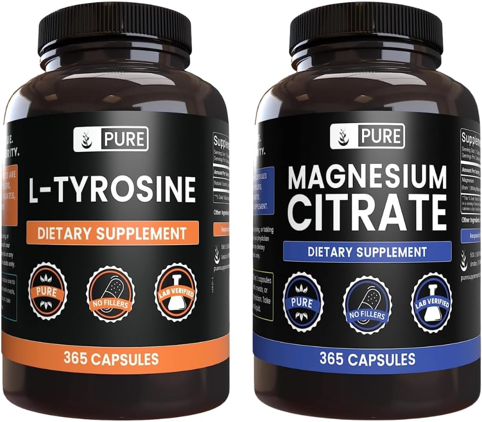365 Capsules of L-Tyrosine and Magnesium Citrate Bundle, Lab Verified, Pure Original Ingredients