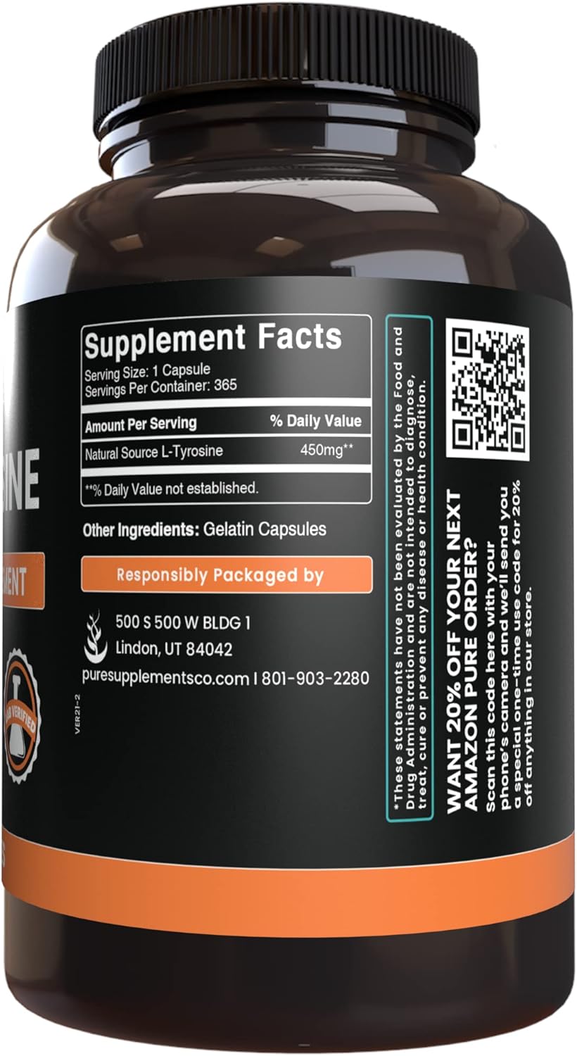 365 Capsules of L-Tyrosine and Magnesium Citrate Bundle, Lab Verified, Pure Original Ingredients
