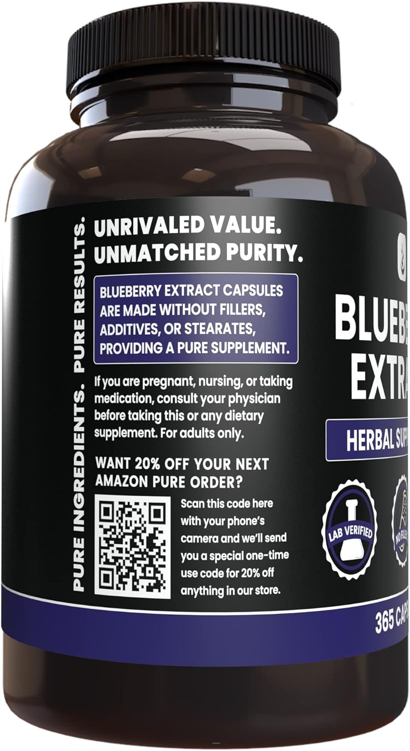 365 Capsules of Lab Verified Blueberry Extract, No Magnesium or Rice Fillers, Pure Original Ingredients