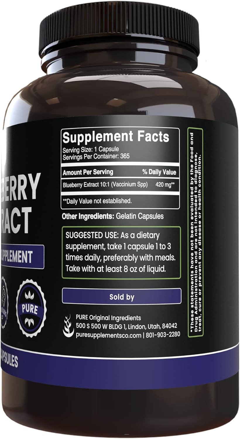 365 Capsules of Lab Verified Blueberry Extract, No Magnesium or Rice Fillers, Pure Original Ingredients