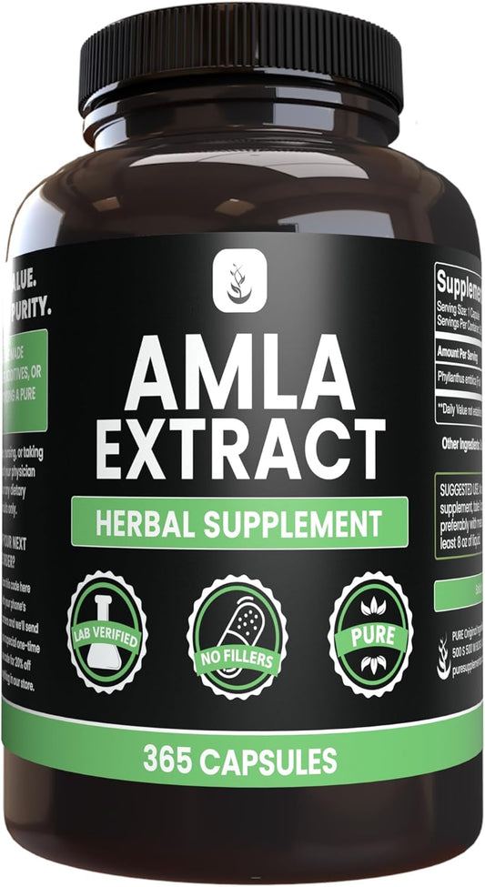 365 Capsules of Pure Amla Extract - No Magnesium or Rice Fillers - Lab Verified Quality