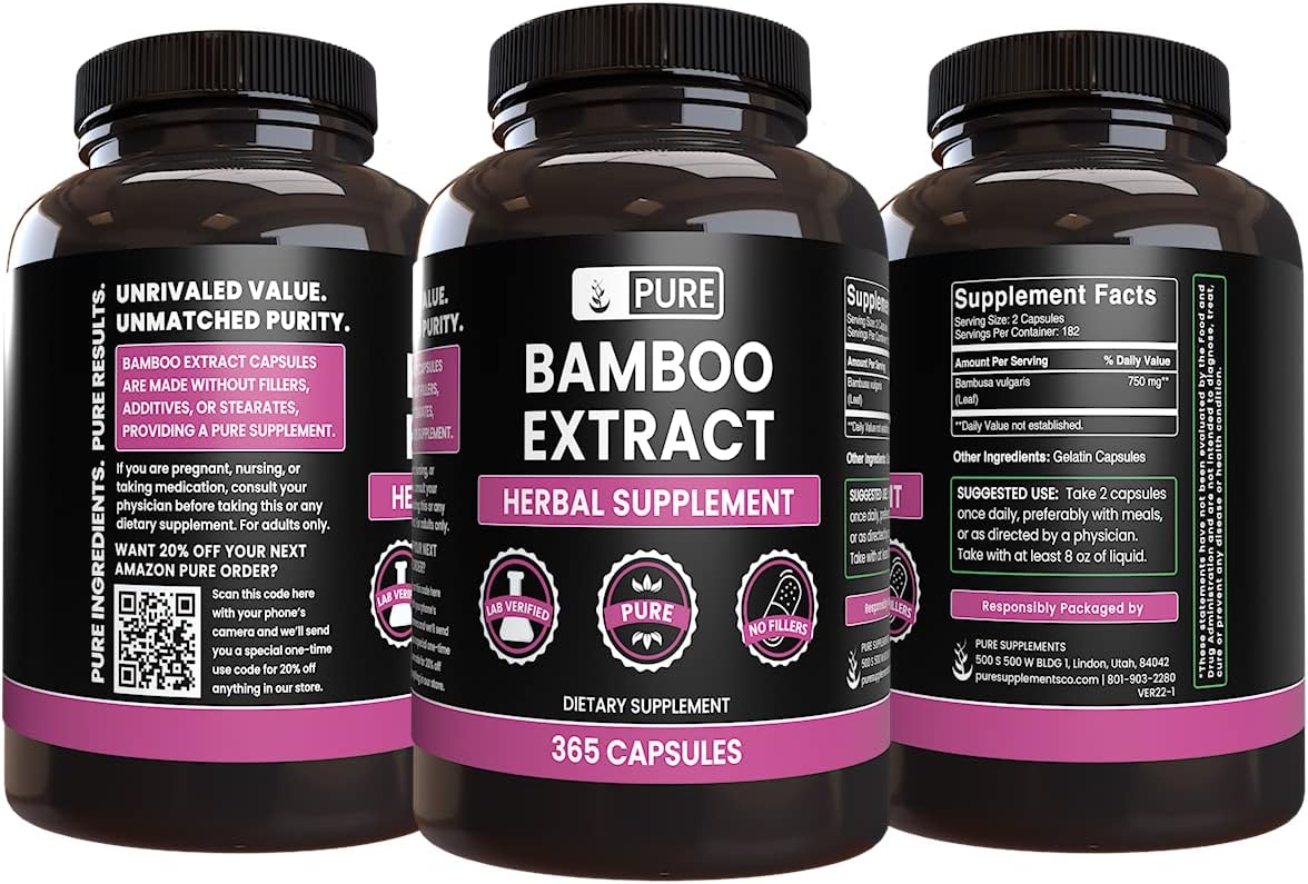 365 Capsules of Pure Bamboo Extract - No Magnesium or Rice Fillers - Lab Verified Quality