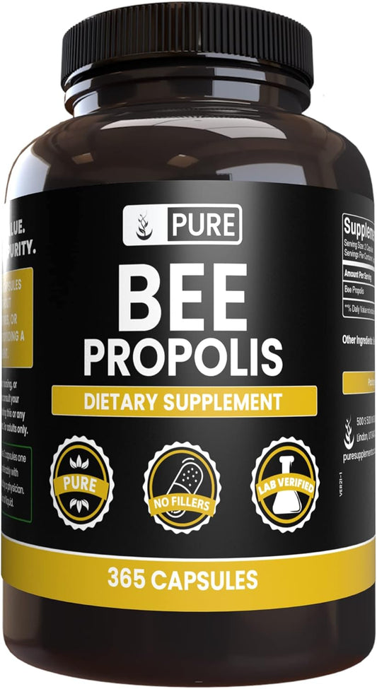 365 Capsules of Pure Bee Propolis with Original Ingredients, Lab Verified - No Magnesium or Rice Fillers