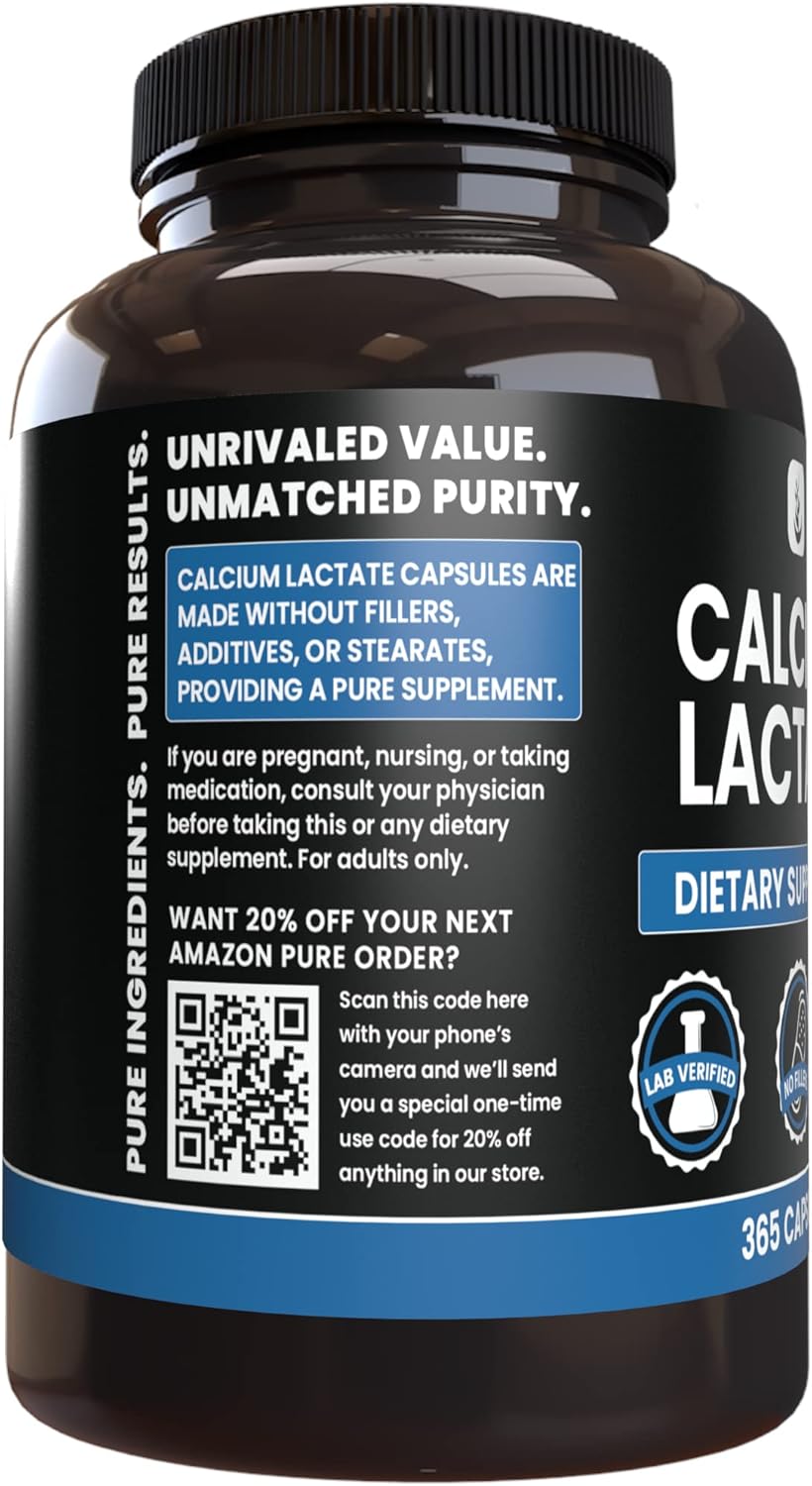 365 Capsules of Pure Calcium Lactate with No Magnesium or Rice Fillers - Lab Verified Quality