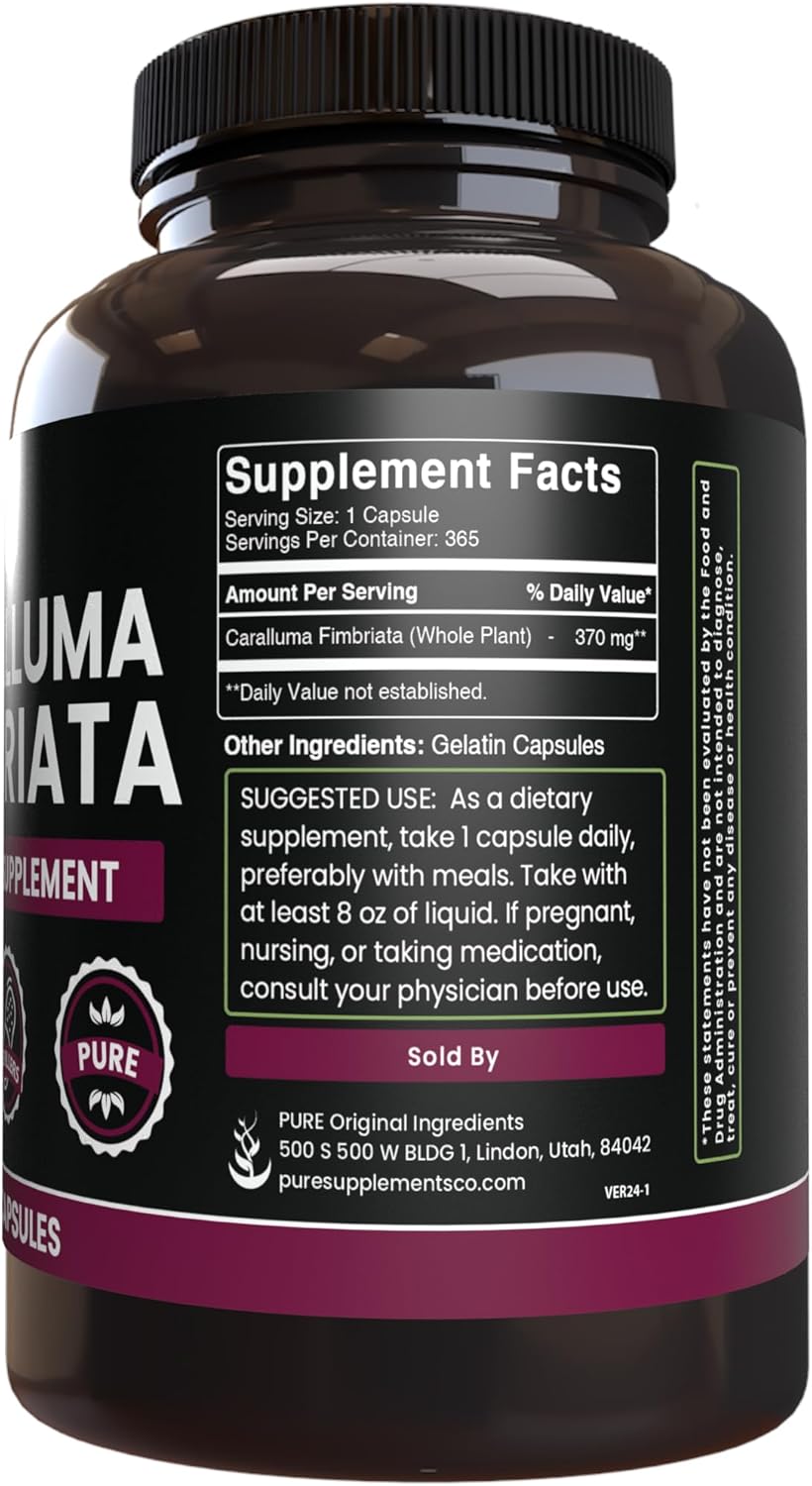 365 Capsules of Pure Caralluma Fimbriata - No Magnesium or Rice Fillers - Lab Verified and Always Pure