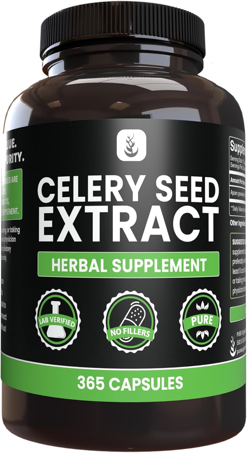 365 Capsules of Pure Celery Seed Extract, No Magnesium or Rice Fillers, Lab Verified Quality