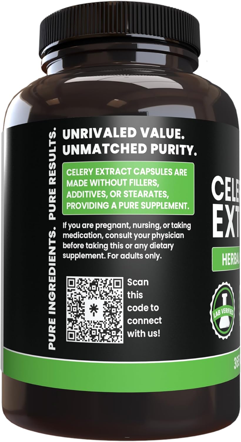 365 Capsules of Pure Celery Seed Extract, No Magnesium or Rice Fillers, Lab Verified Quality