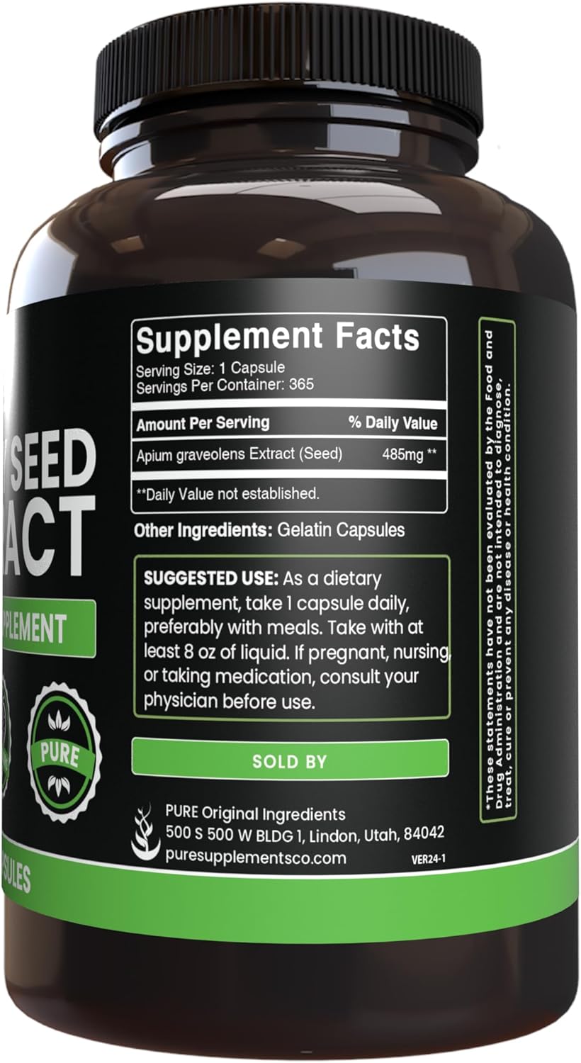 365 Capsules of Pure Celery Seed Extract, No Magnesium or Rice Fillers, Lab Verified Quality