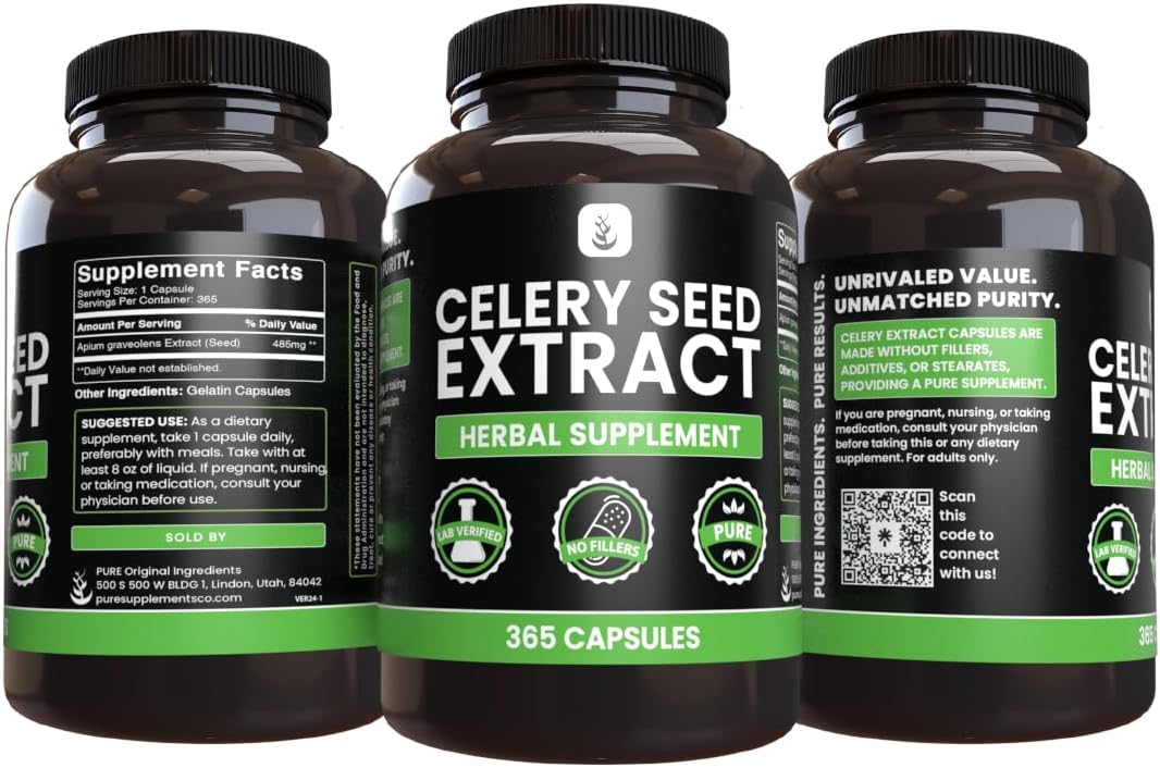 365 Capsules of Pure Celery Seed Extract, No Magnesium or Rice Fillers, Lab Verified Quality