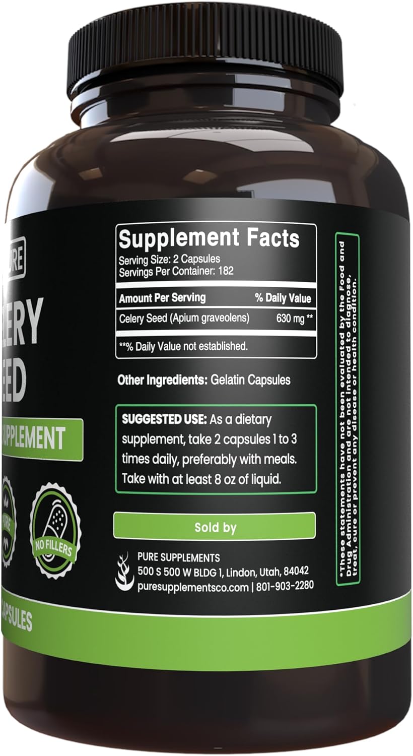 365 Capsules of Pure Celery Seed with No Magnesium or Rice Fillers - Lab Verified & Always Pure