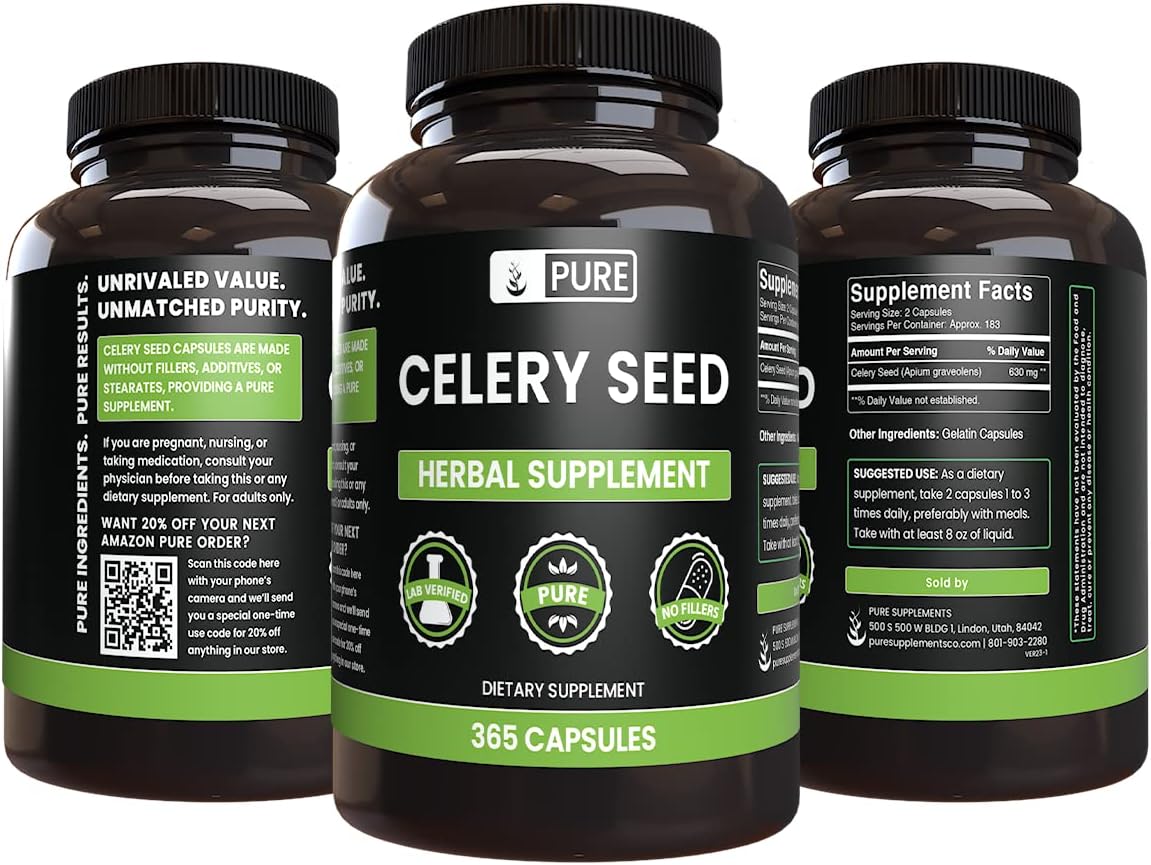 365 Capsules of Pure Celery Seed with No Magnesium or Rice Fillers - Lab Verified Quality