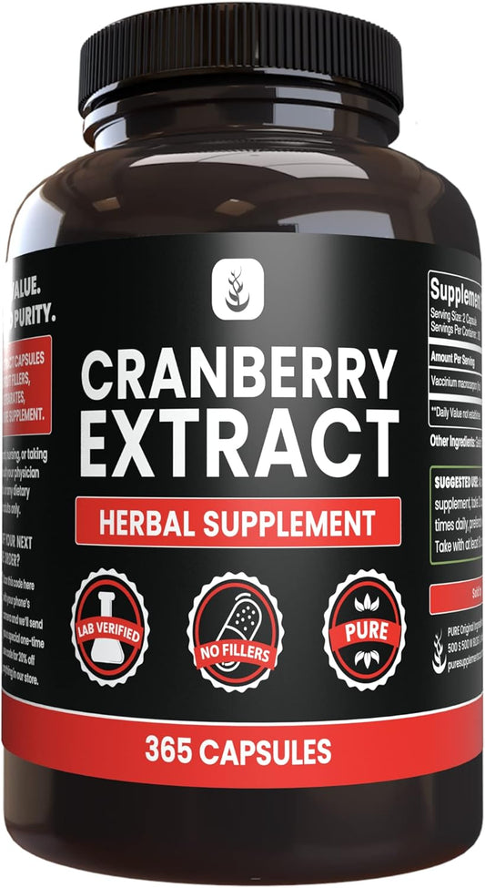 365 Capsules of Pure Cranberry Extract - No Magnesium or Rice Fillers - Lab Verified Quality