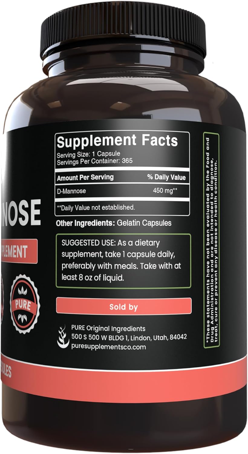 365 Capsules of Pure D-Mannose with No Magnesium or Rice Fillers - Lab Verified