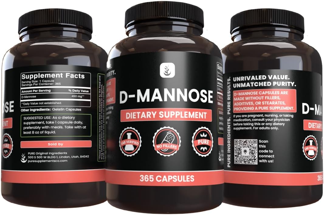 365 Capsules of Pure D-Mannose with No Magnesium or Rice Fillers - Lab Verified