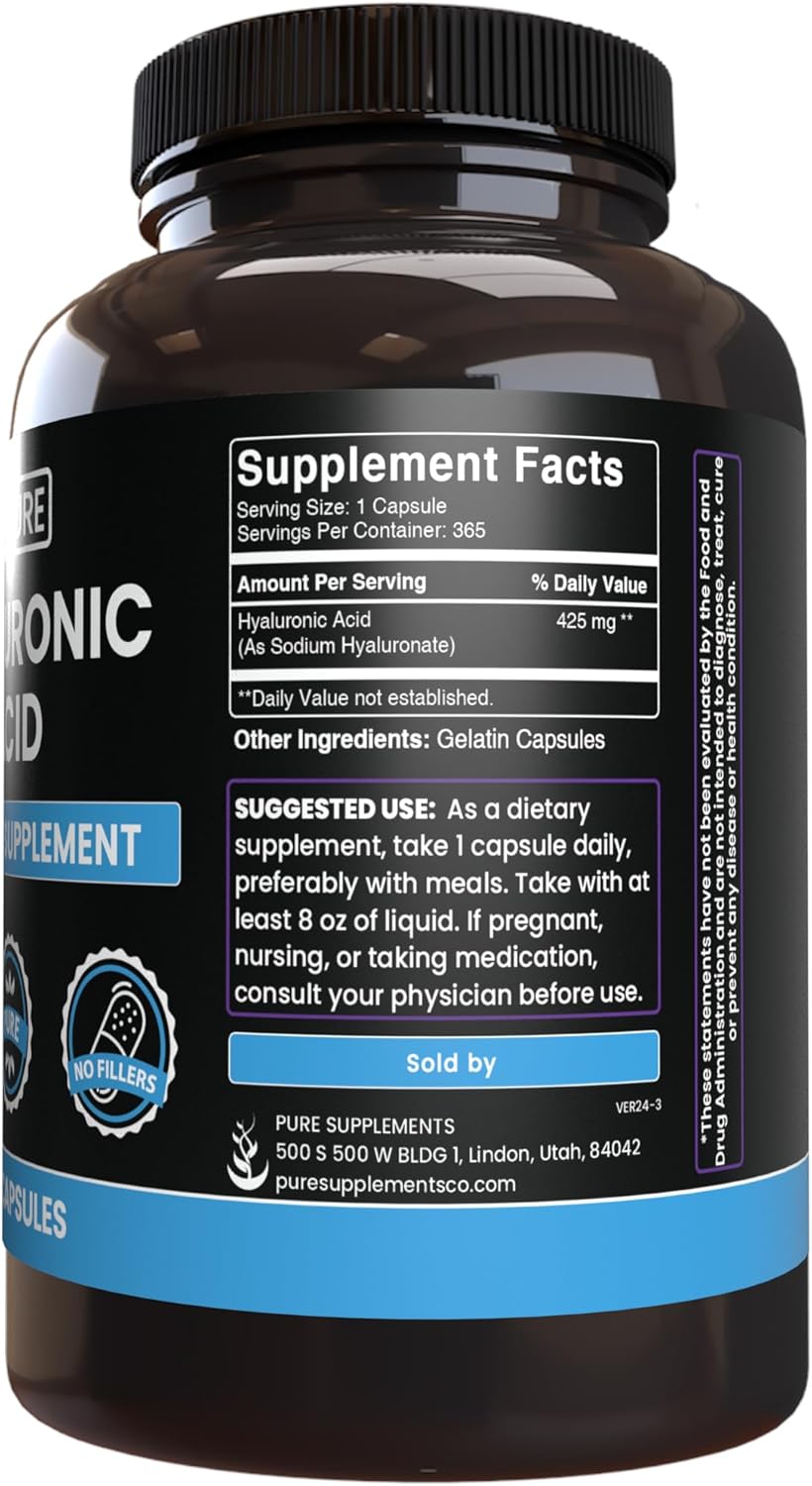 365 Capsules of Pure Hyaluronic Acid with Original Ingredients, Lab Verified, No Magnesium or Rice Fillers