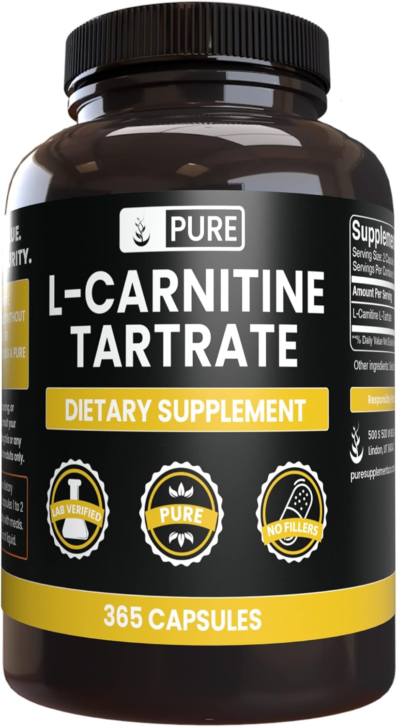 365 Capsules of Pure L-Carnitine Tartrate with Original Ingredients - No Magnesium or Rice Fillers - Lab Verified