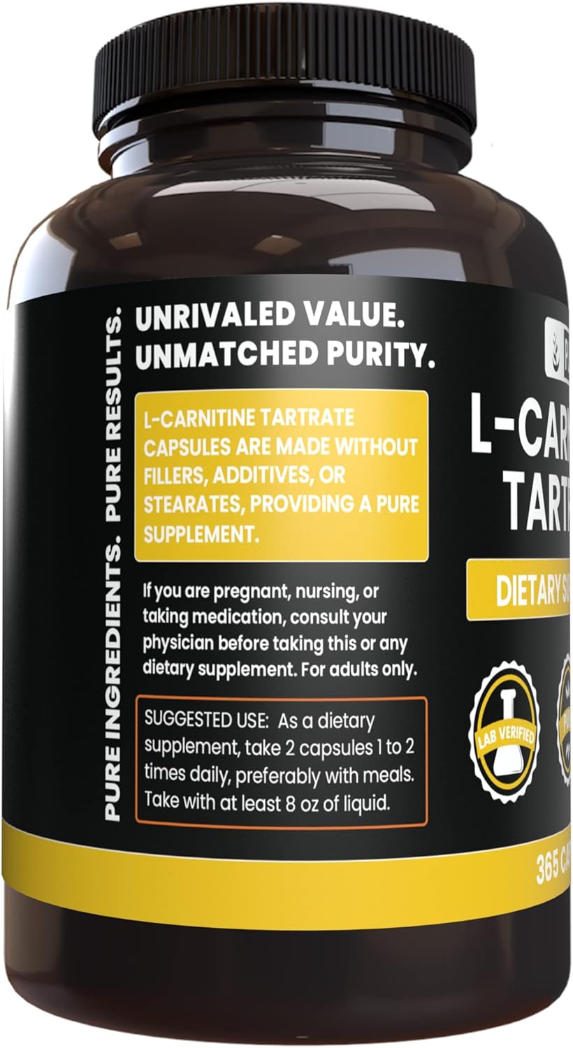 365 Capsules of Pure L-Carnitine Tartrate with Original Ingredients - No Magnesium or Rice Fillers - Lab Verified