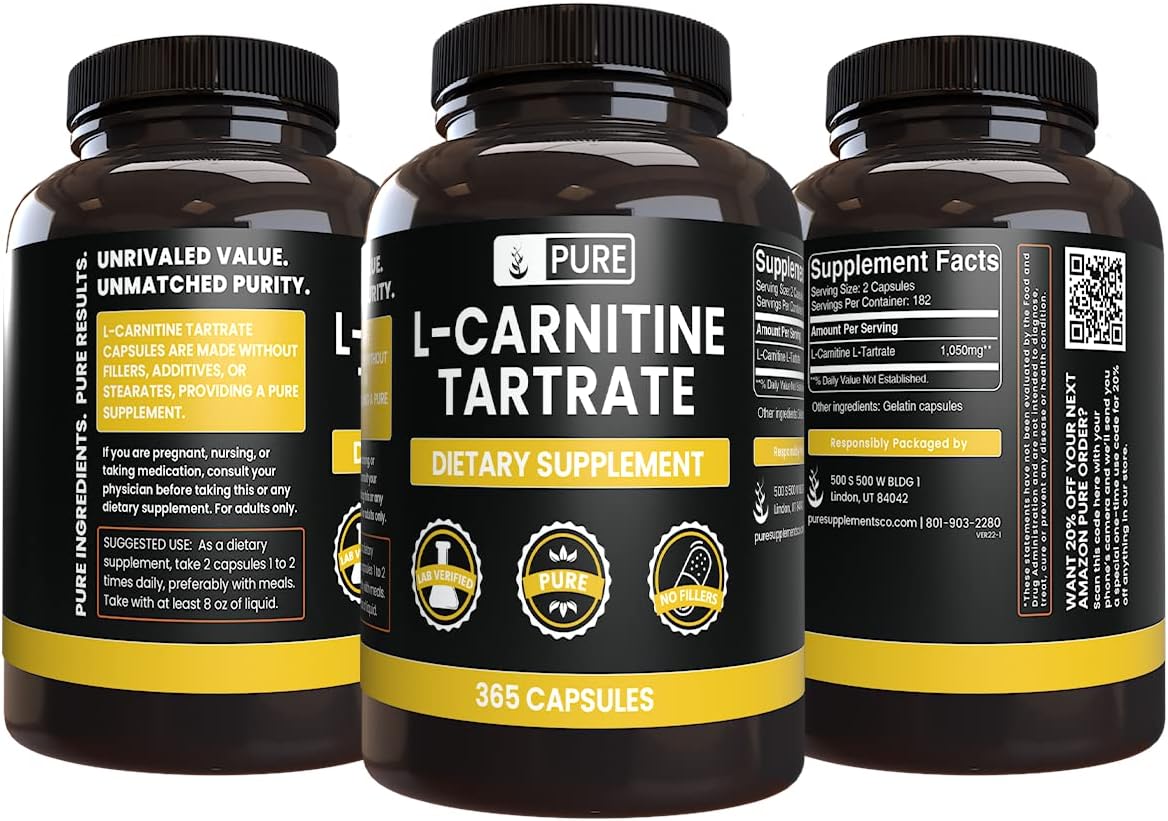 365 Capsules of Pure L-Carnitine Tartrate with Original Ingredients - No Magnesium or Rice Fillers - Lab Verified